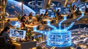 Participants explore, build, code, and review space engineering projects at connected workstations around a glowing shared knowledge archive.